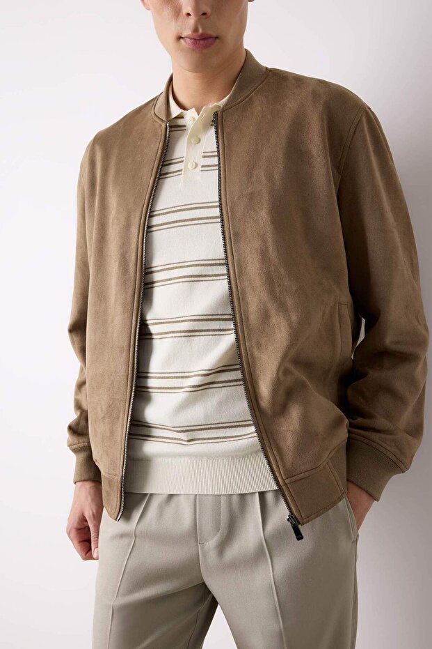 Slim Fit Suede Bomber Coat Jacket Slim Fit College Collar Zip-Up Double Pocket Seasonal Lightweight