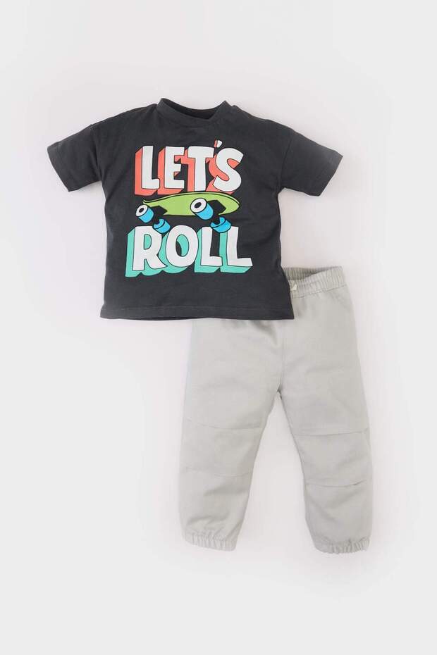 100% Cotton Regular Fit 2-Piece Set Skateboard Printed Short Sleeve Crew Neck Anthracite T-Shirt Elastic Waist