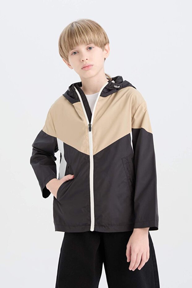 Boy's Water Repellent Hooded Raincoat with Zipper and Pockets D5921A825Sp