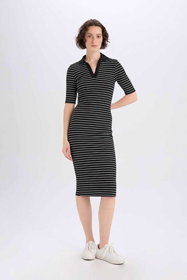 Bodycon Body-Hugging Polo Neck Ribbed Camisole Short Sleeve Midi Dress E6792Ax25Sp
