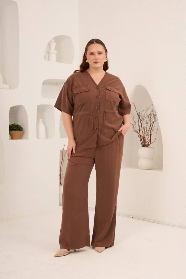 Waist Tie Detailed V-Neck Women's Plus Size Jacket and Trousers Set Coffee