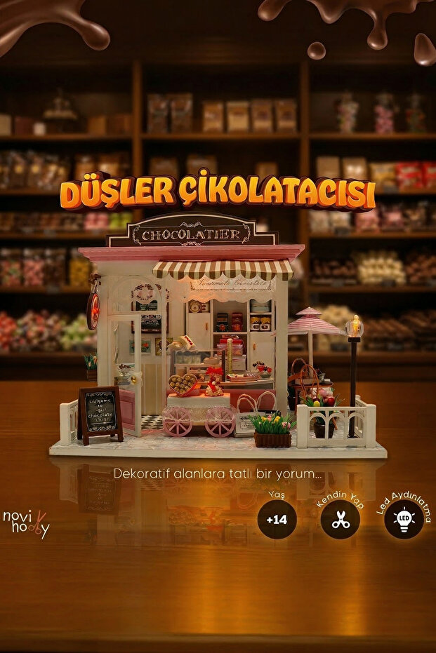 NoviHobby Düşler Çikolatası 3D Puzzle Ahşap Minyatür Maket Kiti DIY Kendin Yap Led Işıklandırmalı Maket Ev