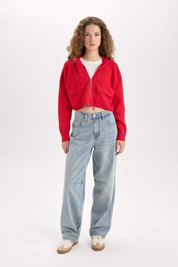 Kapüşonlu Basıc Fermuarlı Triko Hırka E2270AXNS - 2