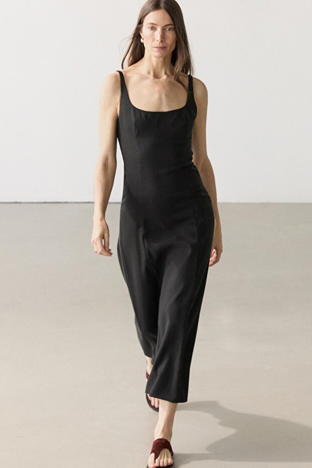 Keten askılı midi elbise - 3