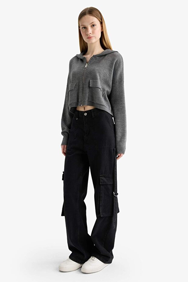 Kapüşonlu Basıc Fermuarlı Triko Hırka E2270AXNS - 2