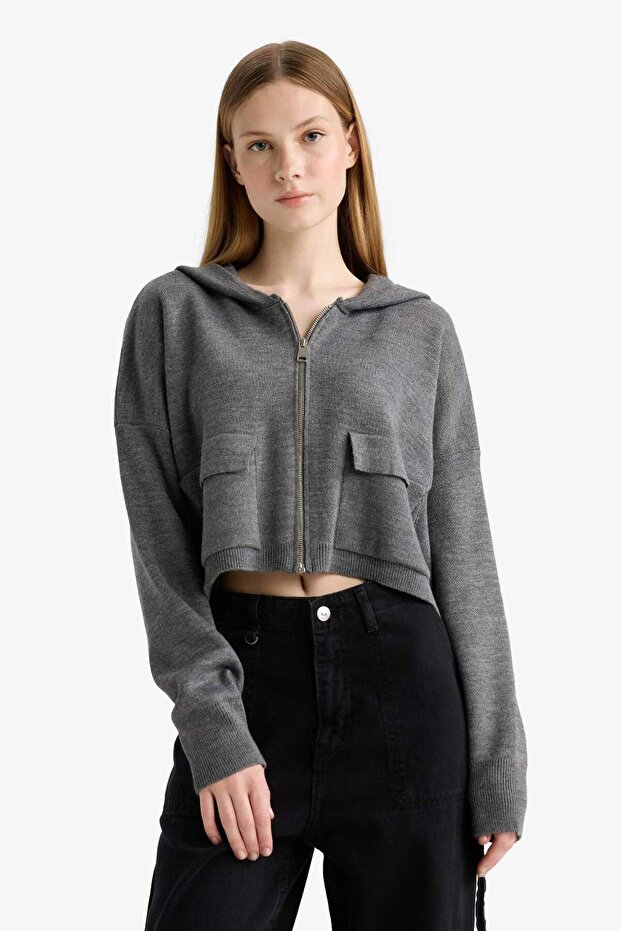 Kapüşonlu Basıc Fermuarlı Triko Hırka E2270AXNS - 4