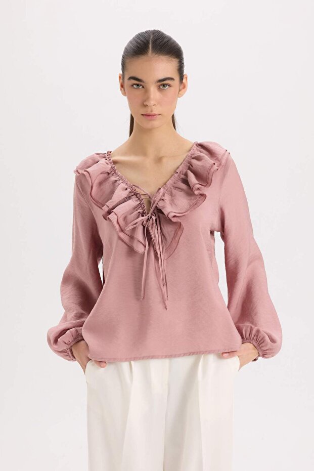 بلوزة أساسية بأكمام طويلة ورقبة على شكل حرف V - مقاس عادي E3393AX24WN - 4