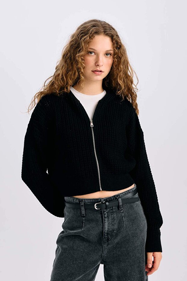 Regular Fit Hooded Zippered Knitwear Cardigan E2269Axns