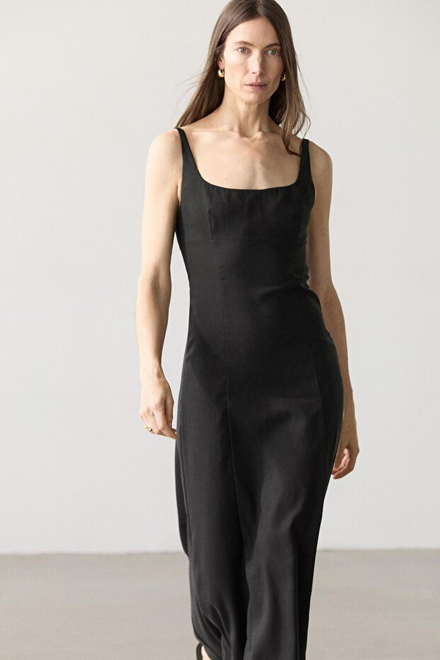 Keten askılı midi elbise - 4