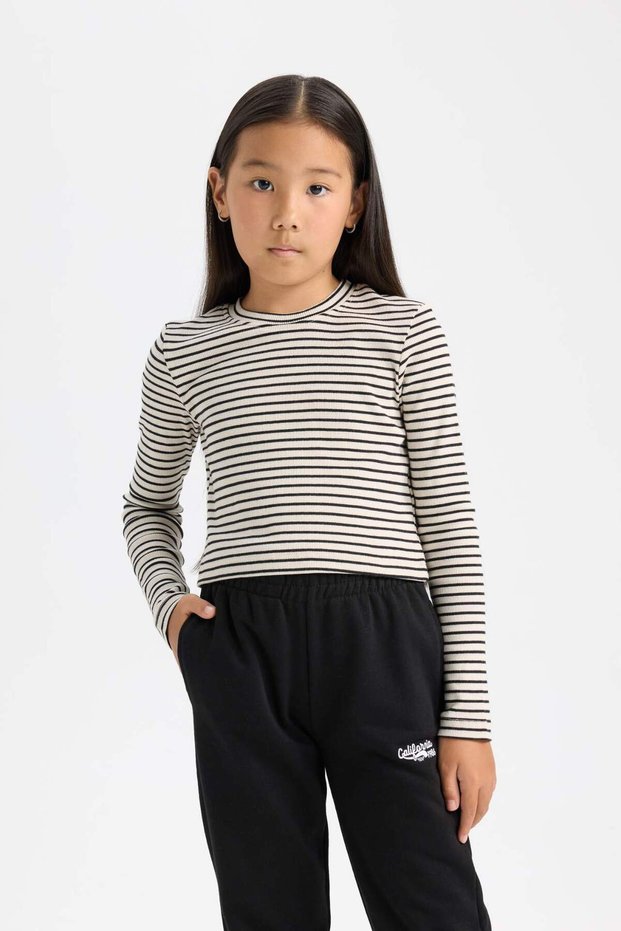 Polo Collar Striped Ribbed Camisole Girl's T-Shirt - Long Sleeve, Crop Cut D3368A824Au