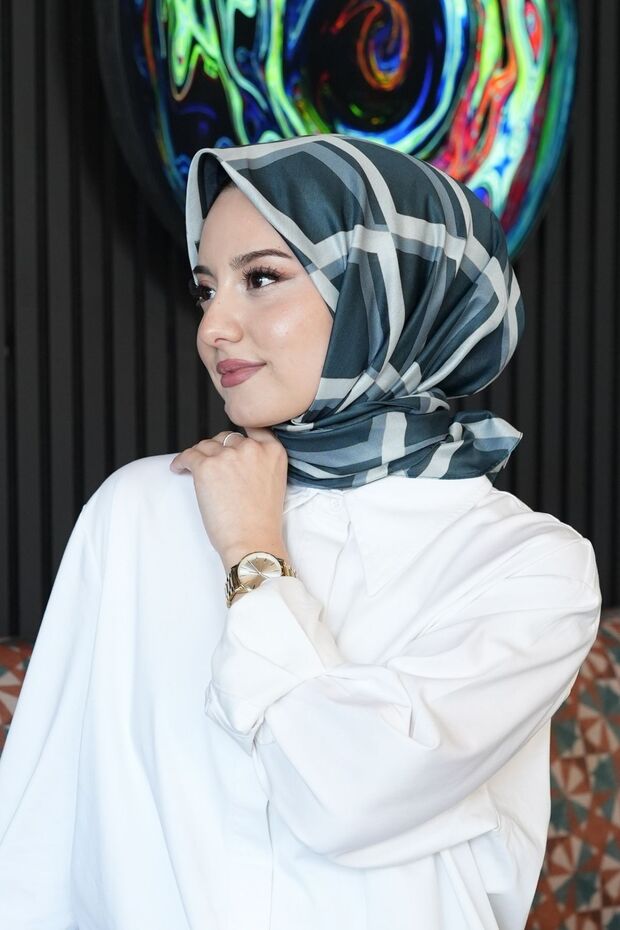 Geometric Pattern Blue Cotton Scarf - 5