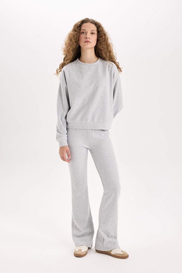 2-Piece Set Basic Plain Crew Neck Top Flexible Waist Long Bottom E3841Axns