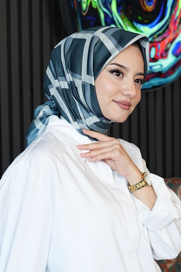 Geometric Pattern Blue Cotton Scarf - 4