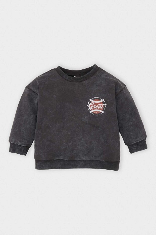 Crew Neck Printed Washed Faded Effect Sweatshirt for Baby Boy D4493A524Au