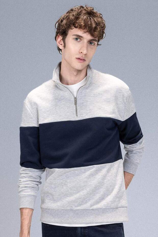Comfort Regular Fit Comfortable Fit Stand Collar Zippered Striped Thick Sweatshirt D2401Ax24Au