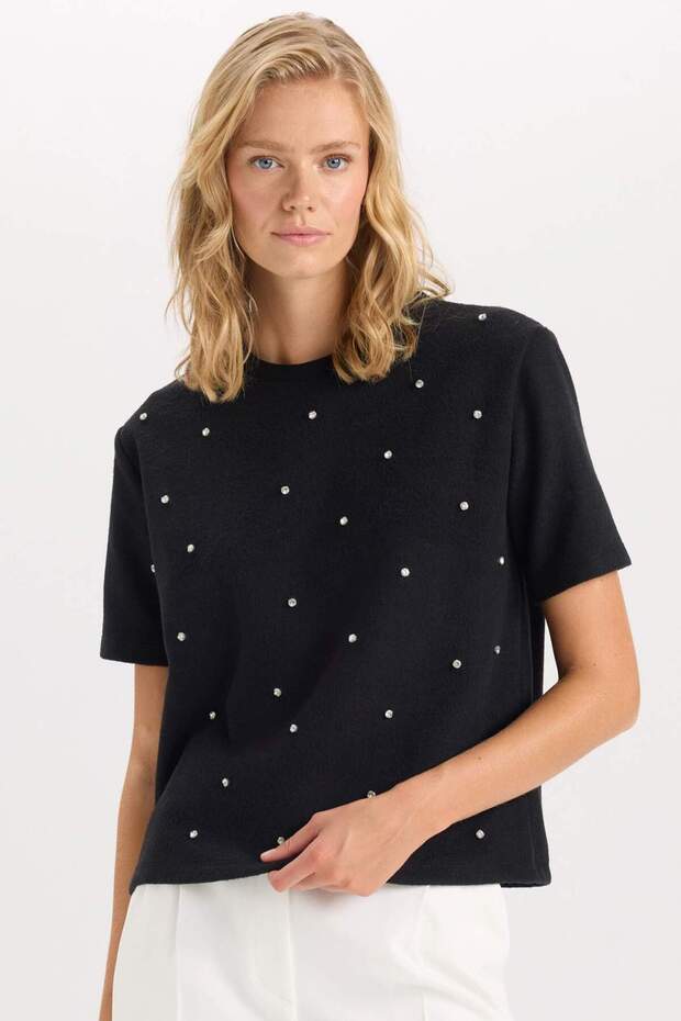 Regular Fit Crew Neck Stone Detailed Casual Short Sleeve T-Shirt D8719Ax24Au