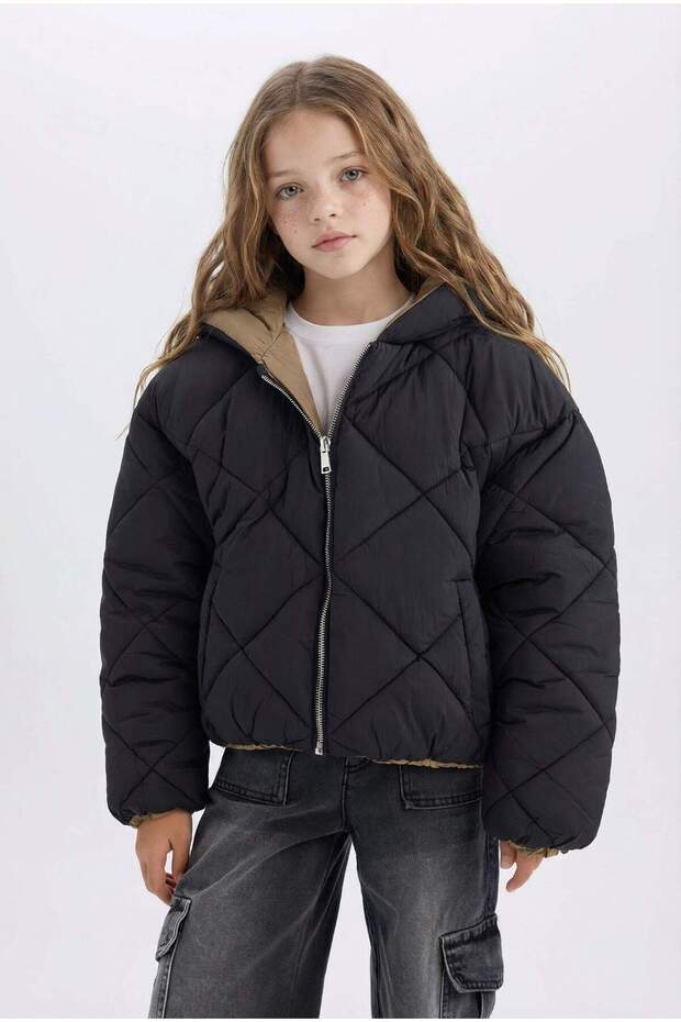 Waterproof Double-Sided Hooded Quilted Zipper Pocket Puffer Coat Girls C5492A824Au