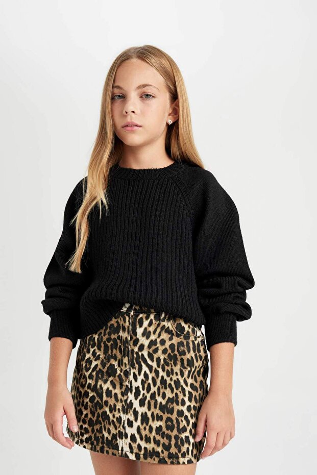 Girl's Black Standard Fit Crew Neck Knitted Patterned Knitwear Sweater 3162337