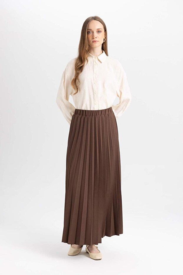 Pleated Stretch Waisted Basic Plain Maxi Basic Skirt 3173381 - 1