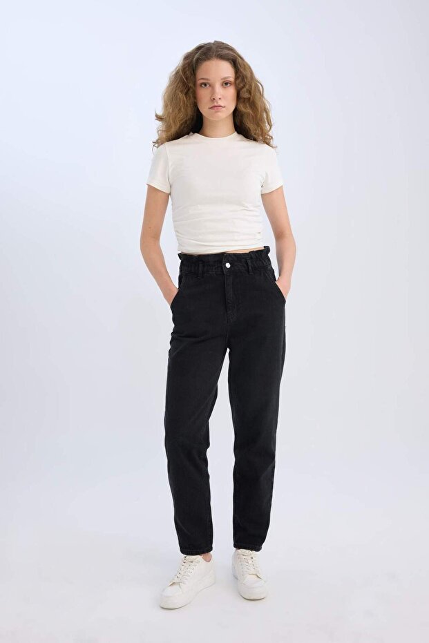 100% Cotton Paperbag Elastic Waist Short Leg Jeans D4309Ax24Au