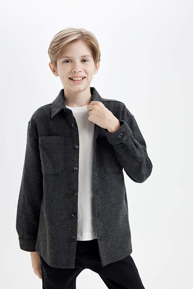 Boy's Oversize Wide Fit Polo Collar Long Sleeve Anthracite Shirt D5990A824Wn