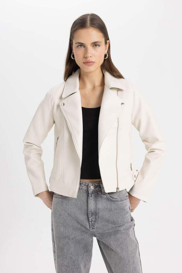 Faux Leather Seasonal Jacket with Double Breasted Neckline and Zip Pocket - 4W1Dfmna0906__L12