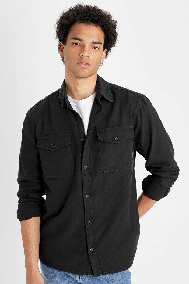 100% Cotton Regular Fit Polo Collar Basic Plain Long Sleeve Shirt B2654Ax24Au