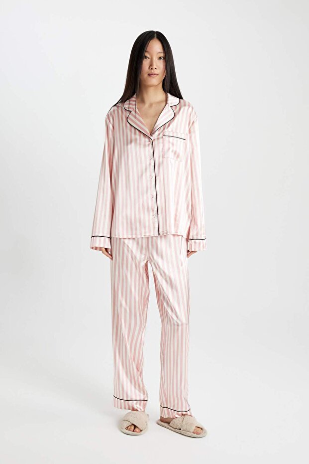 Pajama Set Long Sleeve Striped Satin Top Elastic Waist Long Bottom C9445Ax24Au
