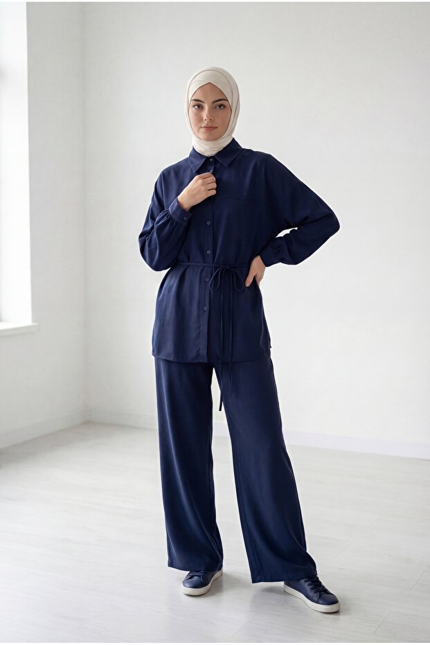 Aliye Low Sleeve Oversize قماش مودال Cupra بدلة مع بنطلون -EK480.2 أزرق داكن