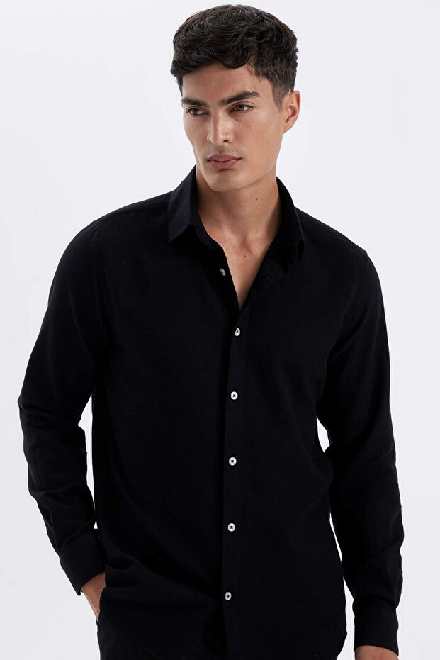 Black Modern Fit Modern Cut Polo Collar Plain Cotton Long Sleeve Shirt D1629Ax24Au