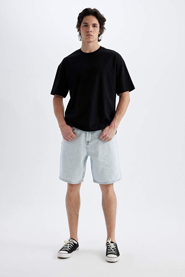 100% Cotton Straight Fit Jean Bermuda Shorts D3955Ax24Sm
