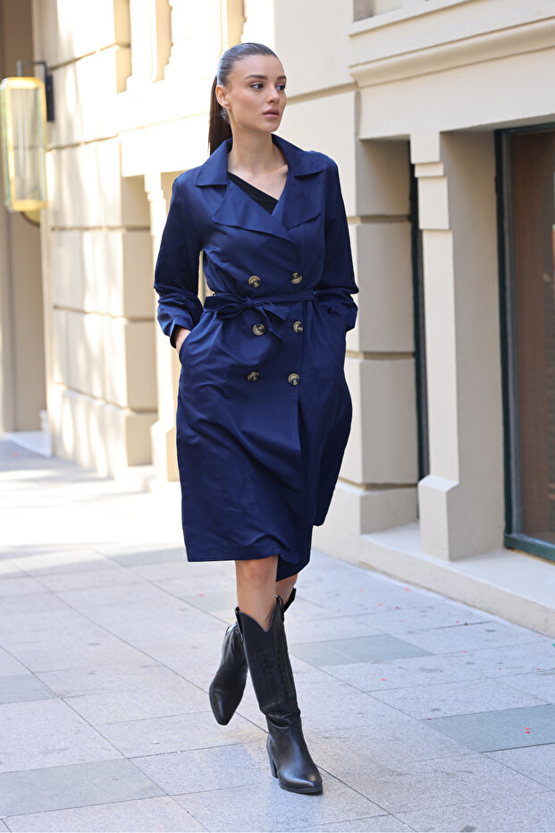 5853 Zweireihiger Trenchcoat mit Kragen – Marineblau - 2