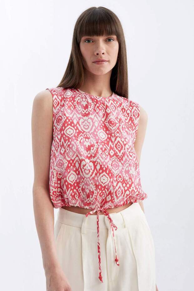 Fitted Patterned Round Neck Sleeveless Blouse D2969Ax24Sm