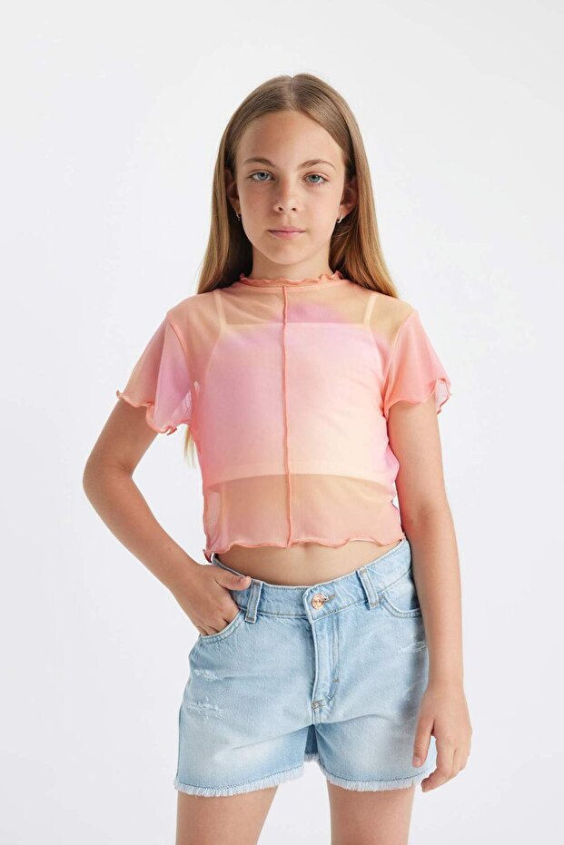 Girl's Crop Crew Neck Gradient Printed Tulle Short Sleeve T-Shirt Undershirt 2 Piece Set C8717A824Sm