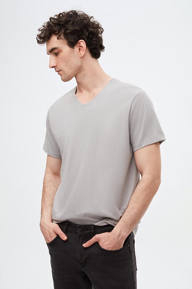 Slim Fit Gray V-Neck 100% Cotton T-Shirt