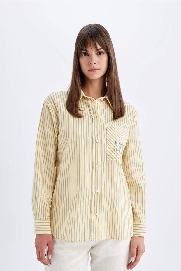 Relaxed Fit Striped Cotton Tunic Shirt - Long Sleeve, Flamed C8854AX24SM