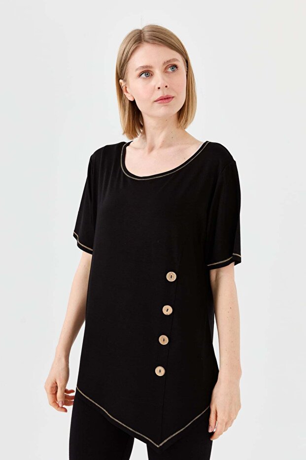 Women's Crew Neck Front Wooden Buttoned Combed Cotton T-shirt Black