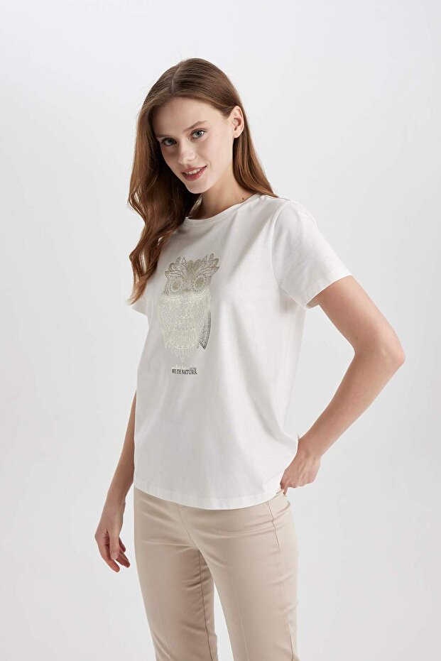 Crew Neck Owl Pattern Regular Fit T-Shirt - Short Sleeve B9209AX24SM