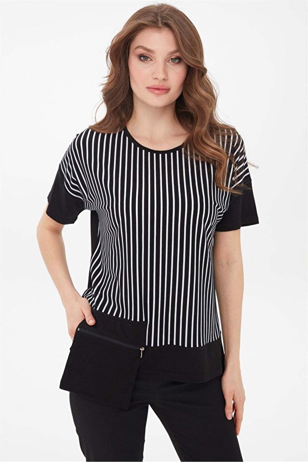 Women's Crew Neck Striped Pocketed Combed Cotton T-Shirt Black