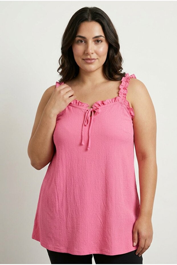 Plus Size Wide Collar Ruffle Strap Sleeve Tie Front Blouse 322689