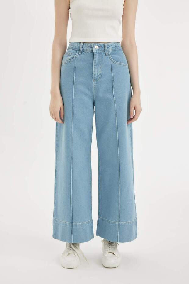 Short Wide Leg High Waist Ankle Length Jean Washed Trousers D2434Ax24Hs