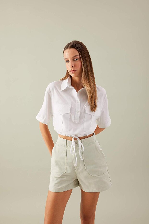 Crop Shirt Collar Linen Blended Short Sleeve Blouse C6812Ax24Sm