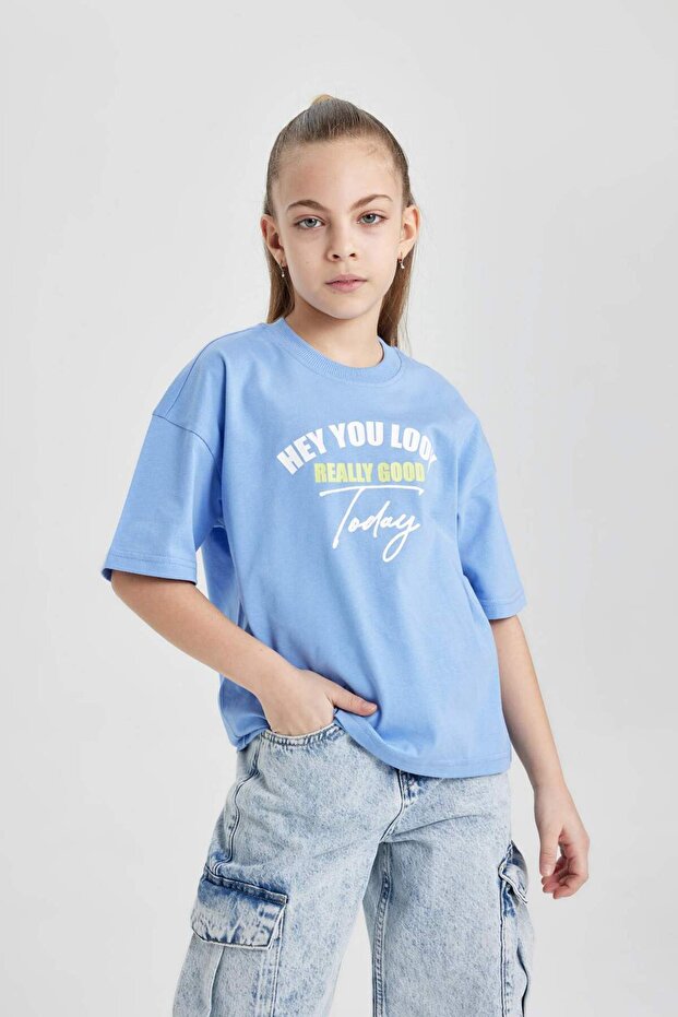 Girls Oversize Wide Fit Crew Neck Printed Short Sleeve T-Shirt B5129A824Sm