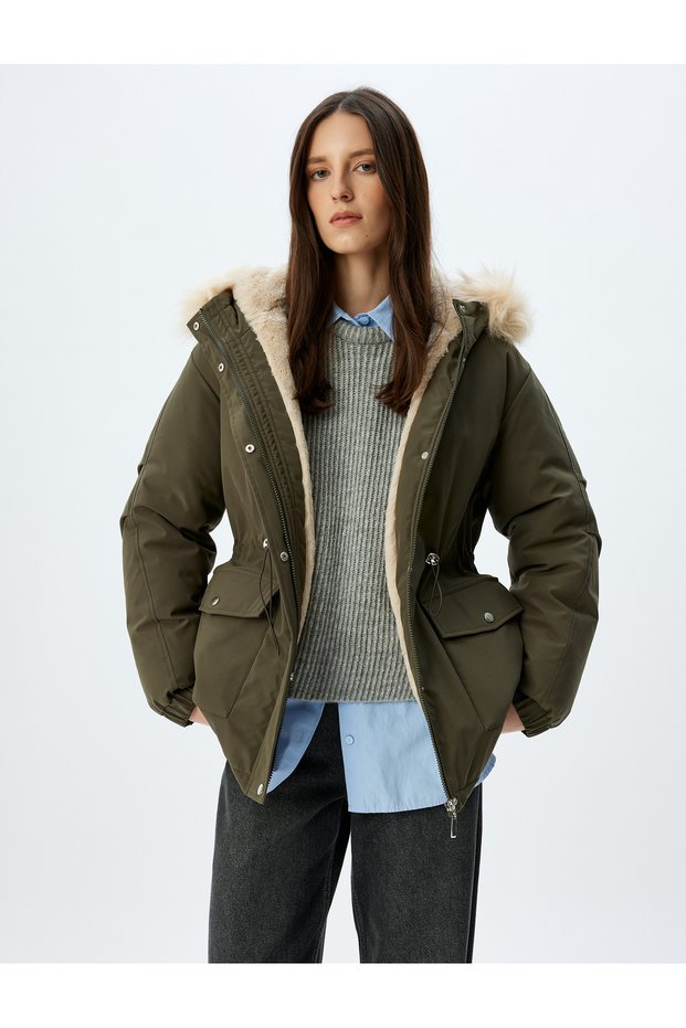 Faux Fur Detailed Hooded Plush Lined Inflatable Coat