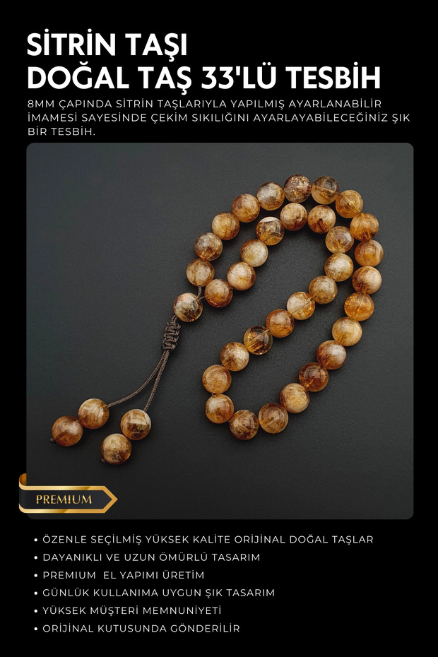Original Natural Stone 8mm Citrine Stone 33-Piece Prayer Beads, Men's Gift, Handmade Prayer Beads