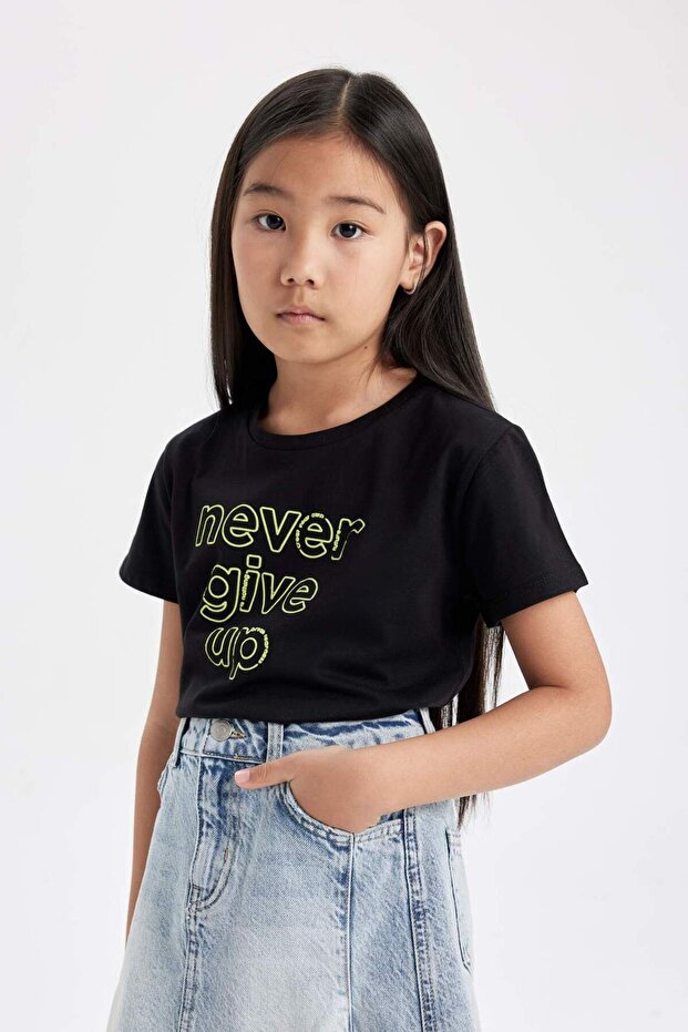 Girls' Crew Neck Printed Short Sleeve T-Shirt C7382A824Sm
