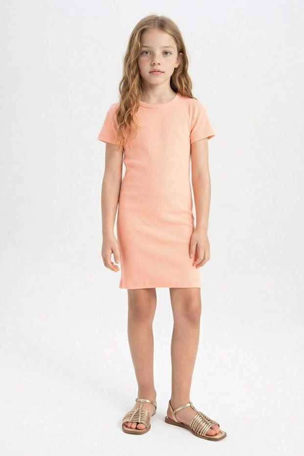Girls' Crew Neck Ribbed Camisole Short Sleeve Summer Dress C4644A824Sm