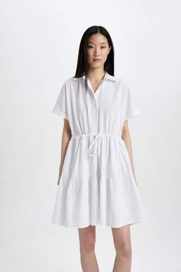 Shirt Collar Gathered Waist Poplin Short Sleeve Mini White Dress C5698Ax24Sm