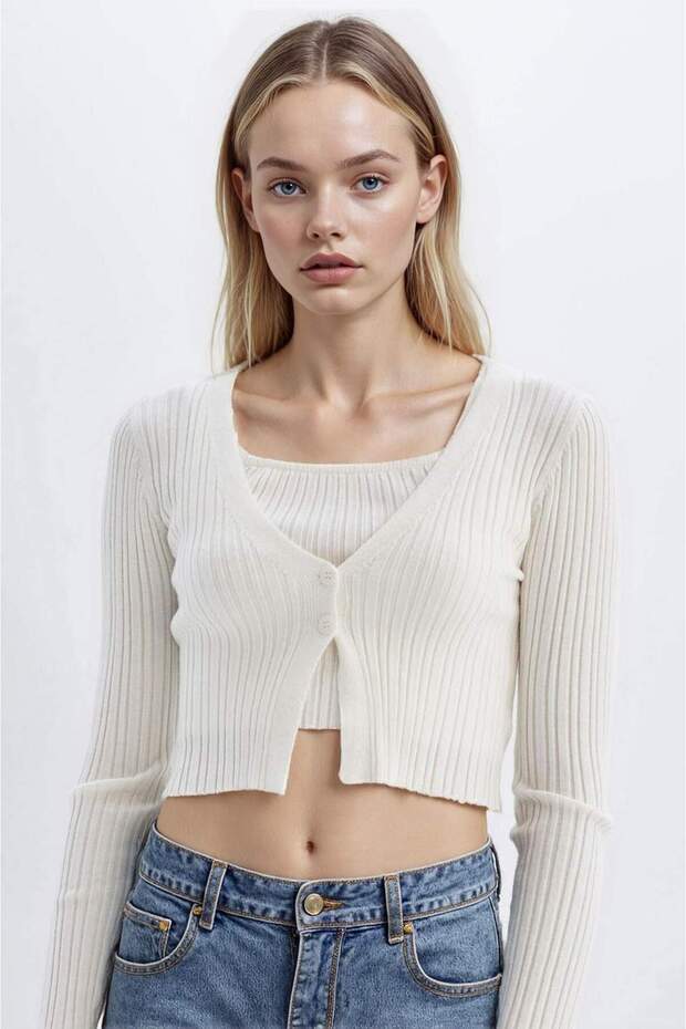 Regular Fit Crop Buttoned V-Neck Knitwear Cardigan A2076Ax24Sp