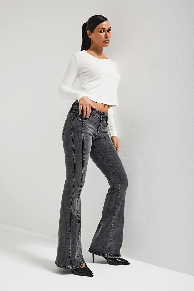 Women's Anthracite 4S6-14 Swl Mid Rise Flare Fit Belt Detailed Stretch Fabric Denim Jeans